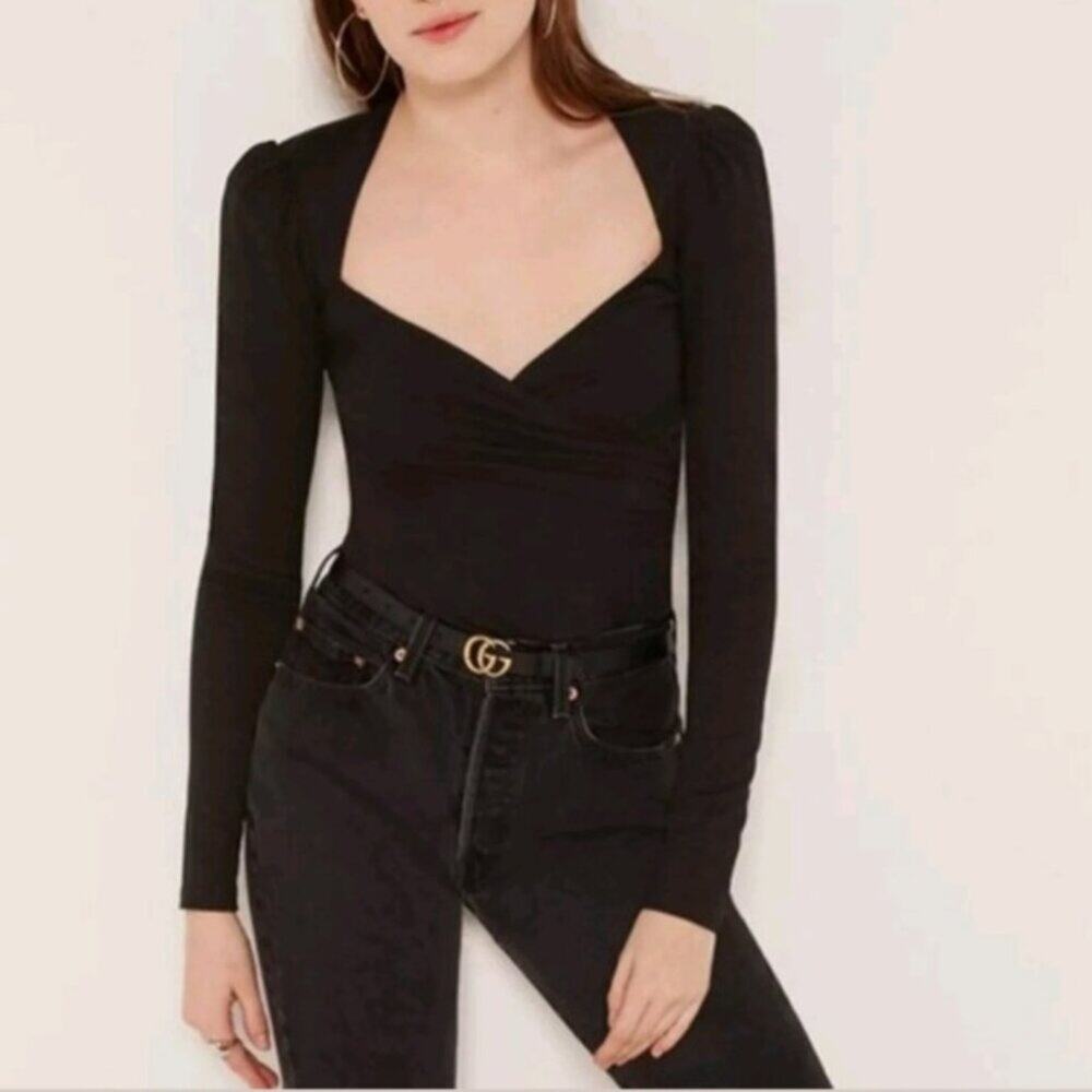 Reformation Black Long Sleeve Sweetheart Neck Bodysuit